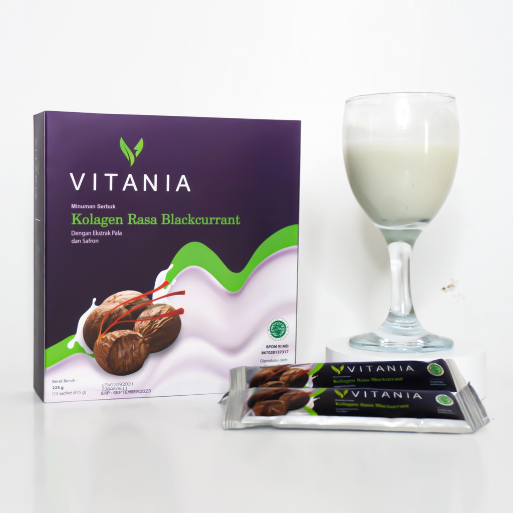 VITANIA Minuman Serbuk Kolagen Rasa Blackcurrant Dengan Ekstrak Pala dan Safron - Mengobati Insomnia Susah Tidur , Membantu Mengontrol Berat Badan, Merawat Kesehatan Rambut, Sendi dan tulang,  Membantu Detoksifikasi Tubuh