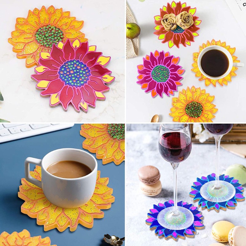 Glitter 5 Pcs Sun Flower Tray Epoxy Resin Mold Serving Plate Casting Silicone Mould DIY Crafts Cup Mat Making Tool