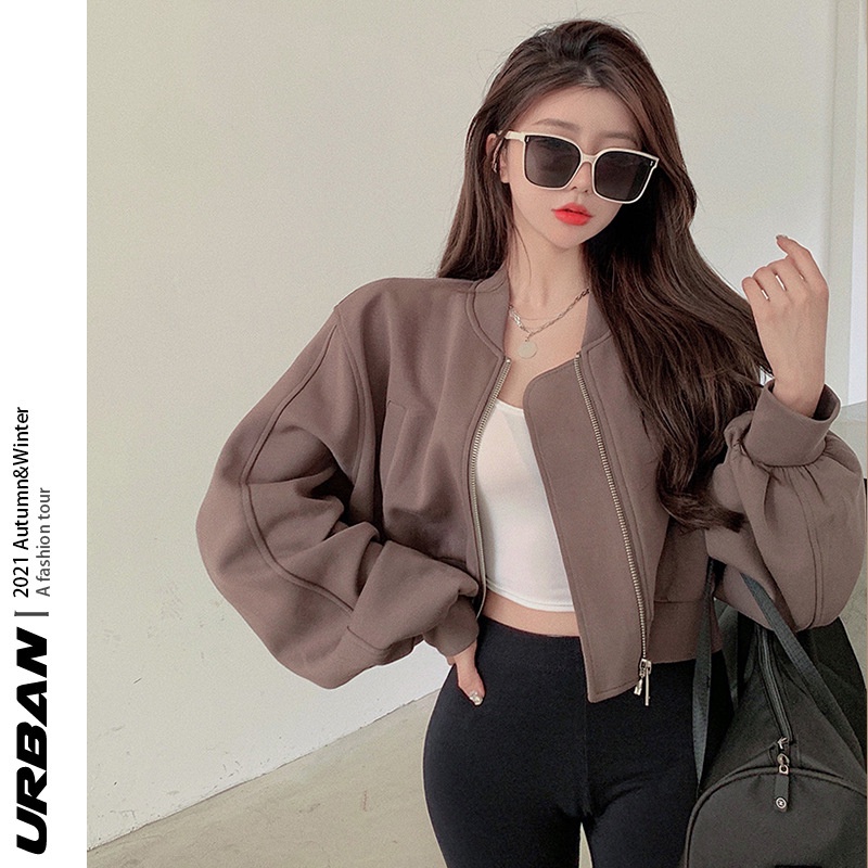 Jaket Wanita     Harajuku Bisbol Seragam Pendek Warna Solid  Kerja Jaket  Santai Ritsleting Bisbol j