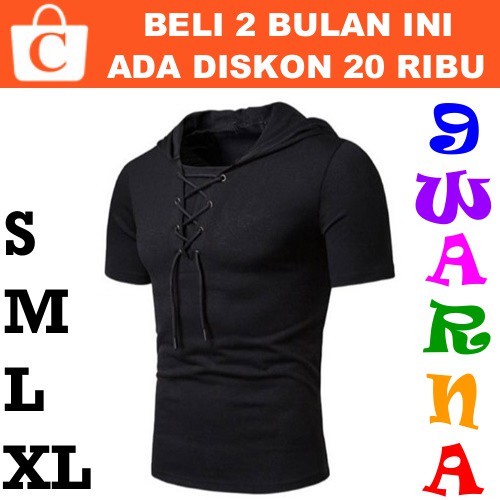 S M L XL Jaket Pria Hoodie Cowok Sweater Laki Kaos Korea Lengan Pendek Polos Kombinasi Tali HITAM