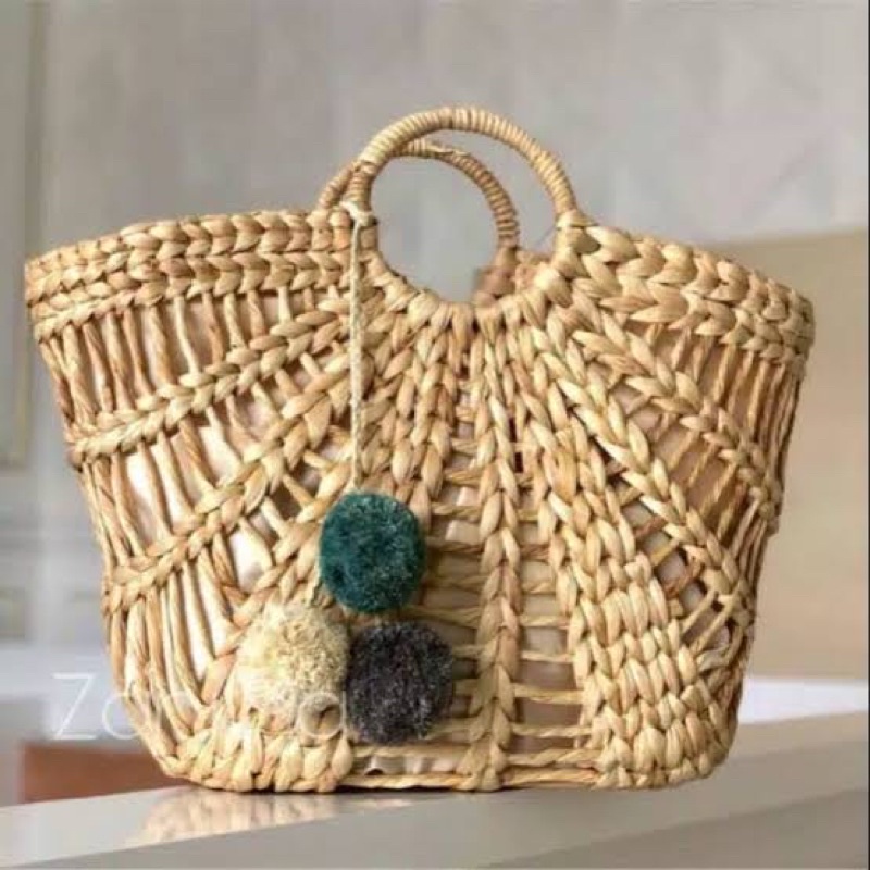 Tas Enceng Gondok Karawang 35x30cm free pom-pom