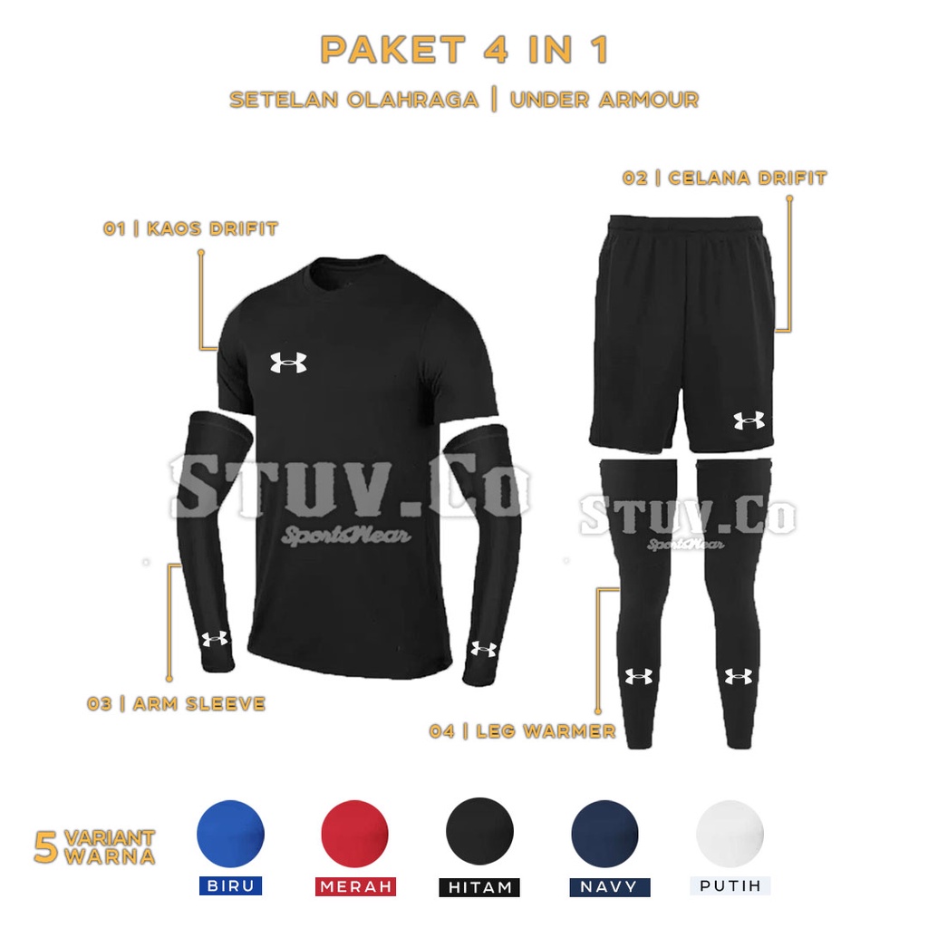 PAKET STELAN 4IN1 KAOS OLAHRAGA DRIFIT ARMSLEEVE CELANA PENDEK DAN LEG WARMER UNISEX 5 PILIHAN WARNA