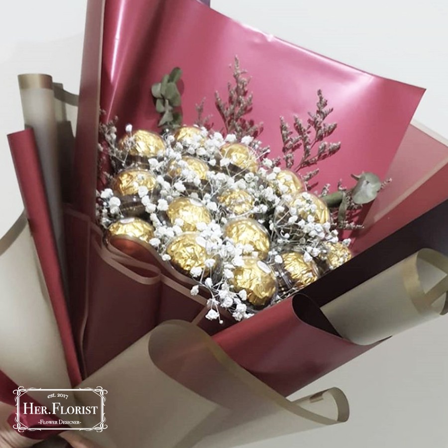 HER.FLORIST Buket Bunga Baby Breath dan Cokelat Ferrero Rocher 20 PCS / Ferero/  Coklat/ Hadiah