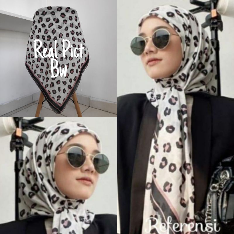 Kerudung vanilla hijab jilbab leopard love rantal polkadot / vanilla hijab segiempat voal motif vanilla chain / deenay kw button kw lasercut-Leo bw
