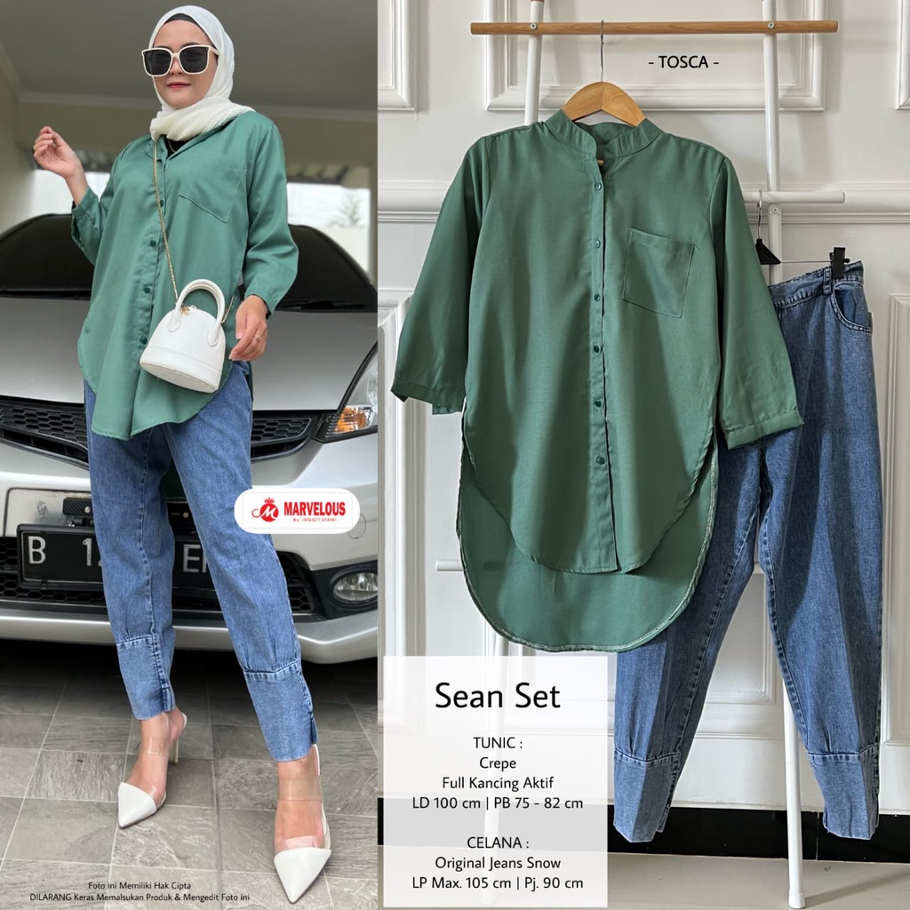 SEAN SET BY MARVELOUS SETELAN WANITA CASUAL POLOS ONE SET TUNIK CELANA JEANS CREPE LD 100 CM FIT XL 