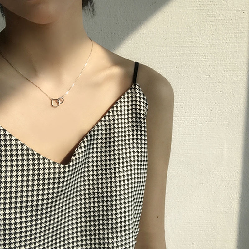 Kalung Liontin Necklace Kotak Lingkaran Dering Ganda Saling Bertautan Geometri Perhiasan Necklaces