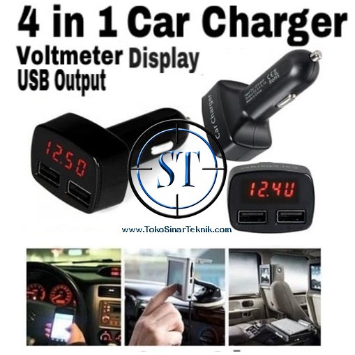 USB Car Charger 4 in 1 Amperemeter, Voltmeter 3.1A Temperatur Suhu