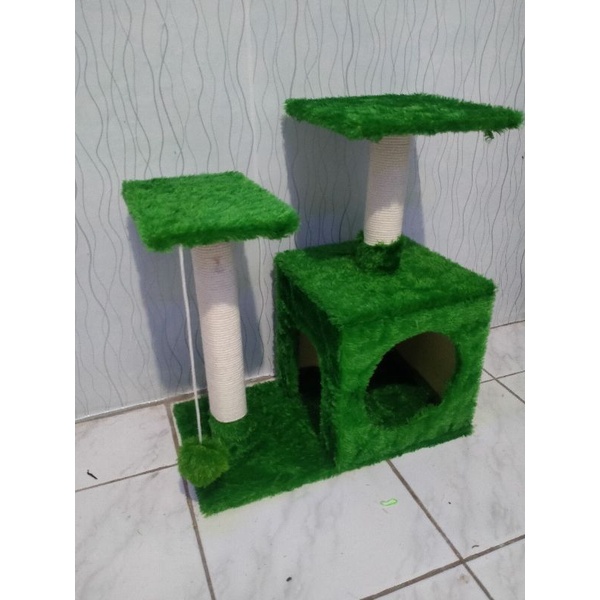 rumah kucing bulu rasfur 2 tiang panjatan kucing mainan kucing cat tree house petshop hijau