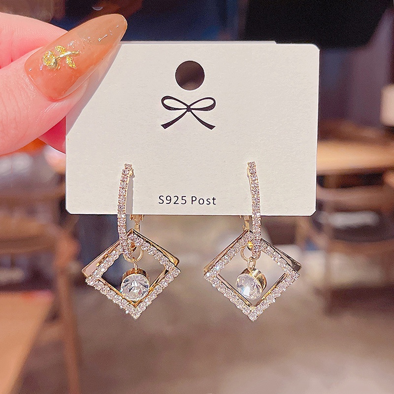 Anting Tusuk Gantung Bahan Sterling silver 925 Desain Geometri Hias Zircon / Berlian High Quality Untuk Wanita