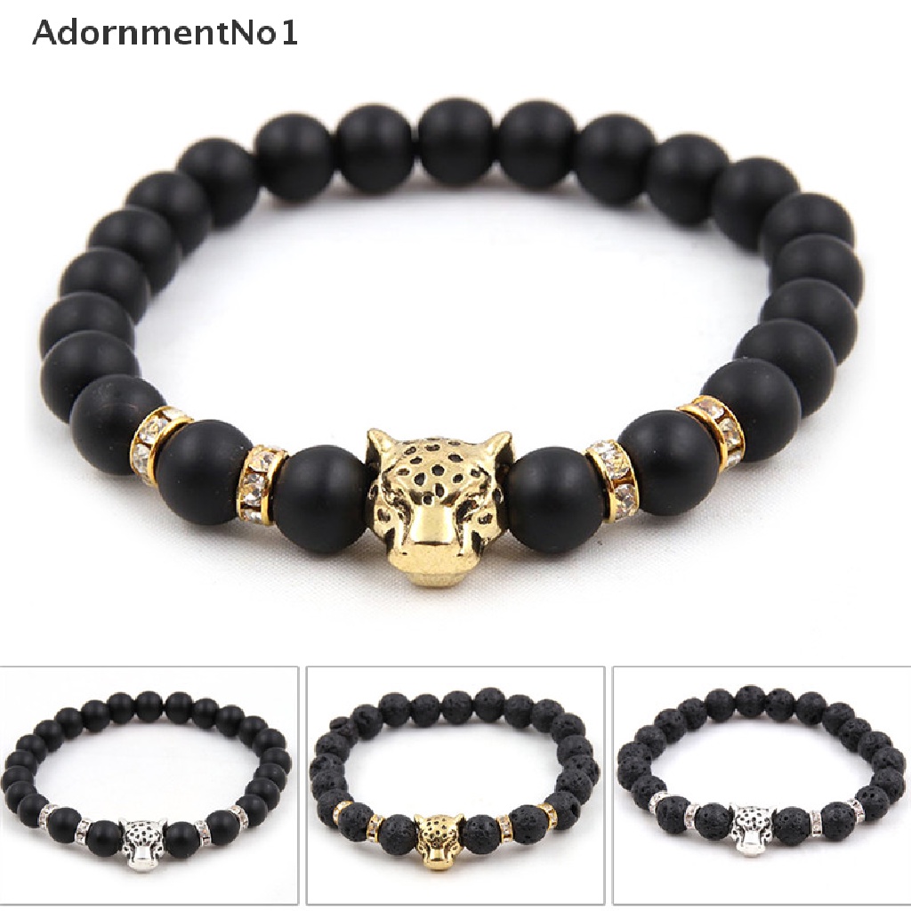 (AdornmentNo1) Gelang Tangan Manik-Manik Batu Alami Aksen Kepala Leopard Untuk Perhiasan Pria, Handmade