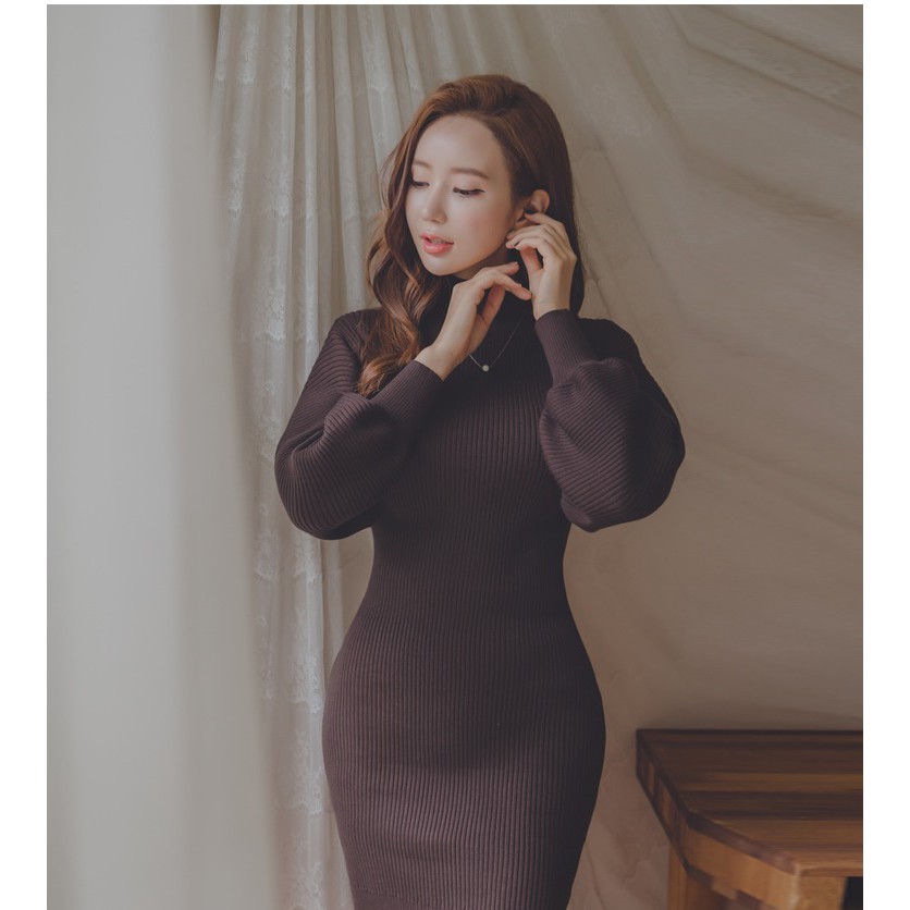 Midi Dress Rajut Knit Import Gaya Korea Warna Khaki Coklat Lengan Panjang TF35680