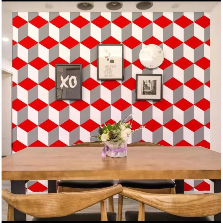 Wallpaper Dinding Motif Geometri Kubus / Wallpaper Dinding Kubus Merah / Wall Sticker Kubus 3D
