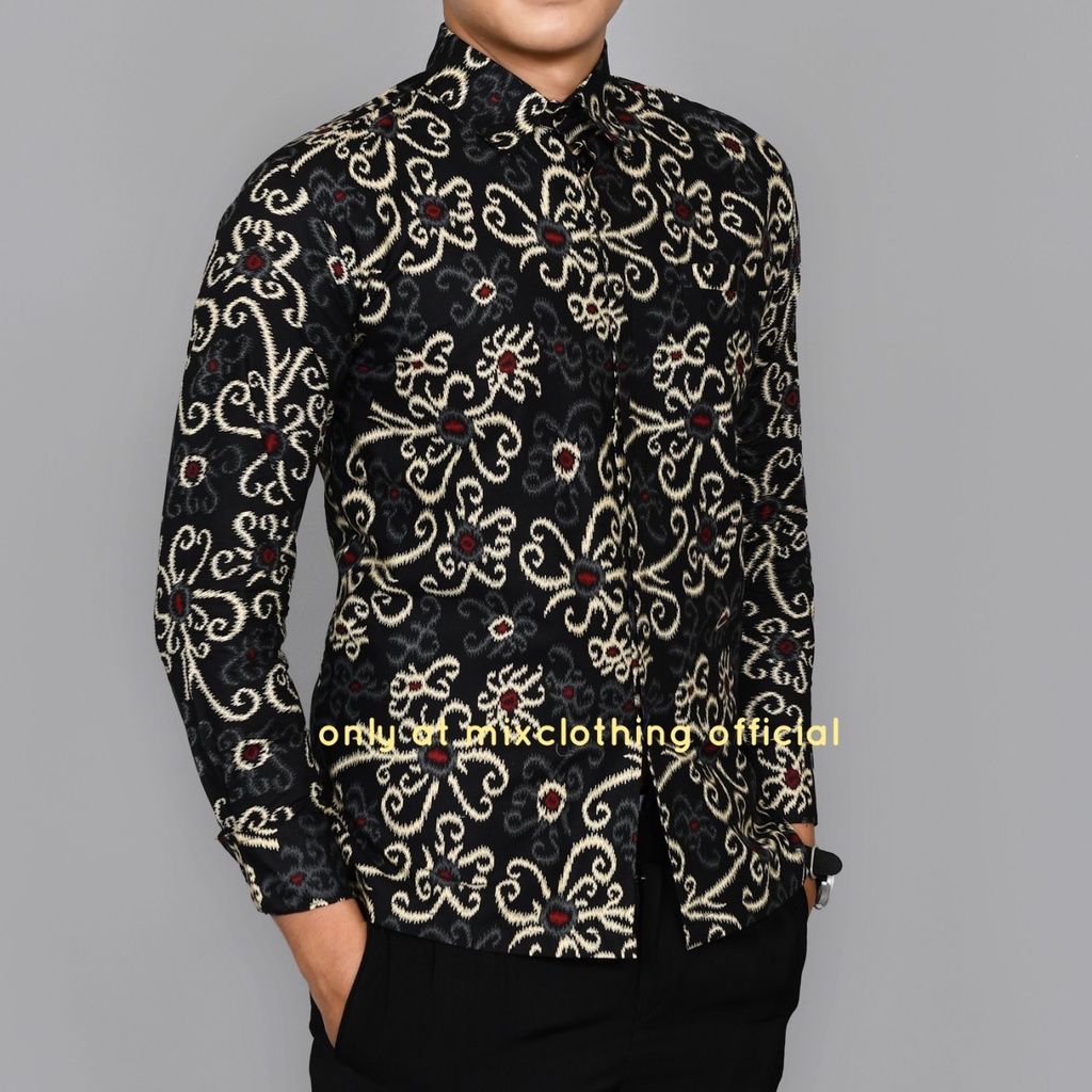 New Premium Baju Kemeja Batik Pria Reguler Fit Lengan Panjang Hitam Songket Bunga