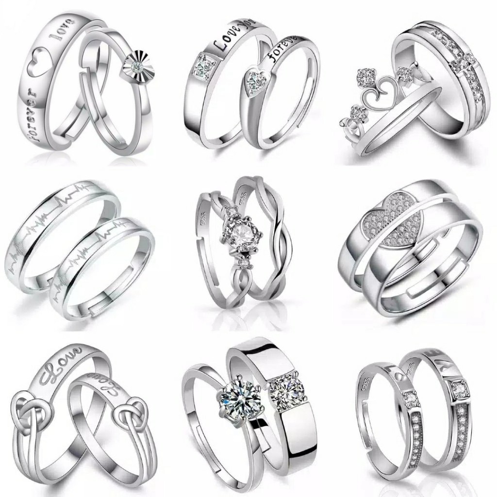 Cincin Pasangan Tunangan Silver Berlian Imitasi Couple Rings