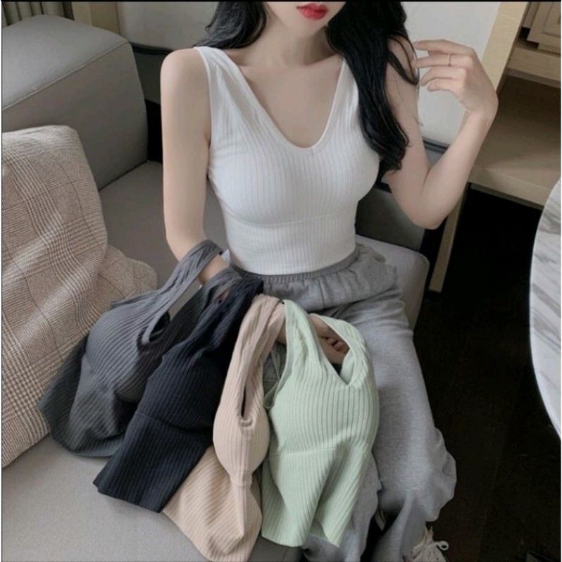 TANKTOP WANITA KAMISOL KOREAN STYLE CUP BRA BAHAN KNIT SPANDEX