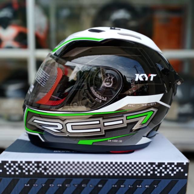 Helm Full Face KYT RC7 Motif Seri 14 Black White Green Fluo Hijau Hitam Putih Original