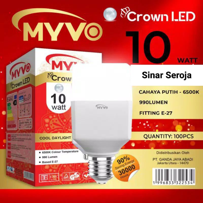 Lampu / Bolam LED MYVO CROWN MURAH 10 Watt Garansi 1 Tahun