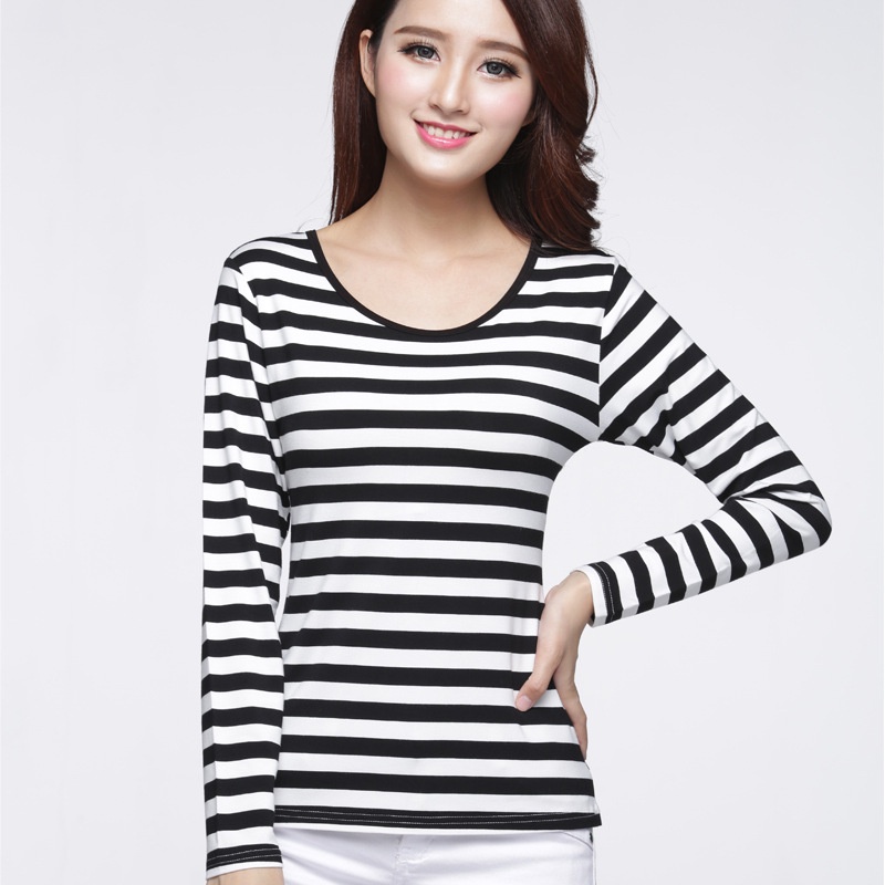 KAOS GARIS HITAM PUTIH LENGAN PANJANG WANITA PREMIUN KATUN COMBED ATASAN CEWEK LENGAN PANJANG GARIS-GARIS