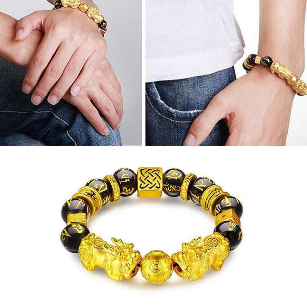 Unisex Wealth Feng Shui Obsidian Golden PIXIU Wealth Beads Bracelet Attract Wealth and Good Luck Jewelry Gift