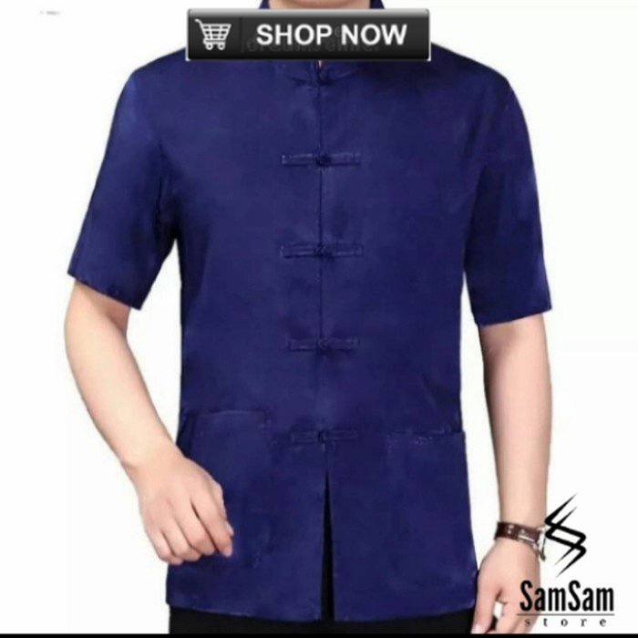 baju cheongsam kemeja atasan pria putih polos size M-XL - Biru, M