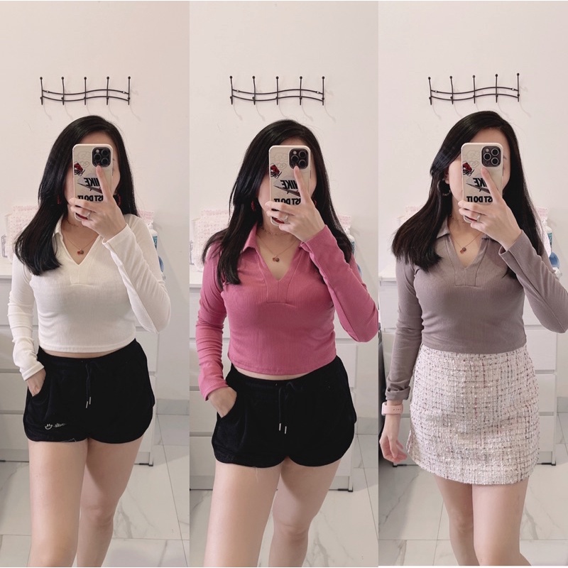 Croptop kerah lengan panjang | Knit Collar Long Sleeve VNeck Blouse | Baju Lengan Panjang Wanita | atasan kerah korean fashion wanita | aquarius boutique89 grosir