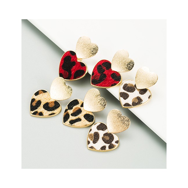 LRC Anting Tusuk Fashion White Leopard Alloy Heart-shaped Frosted P49957