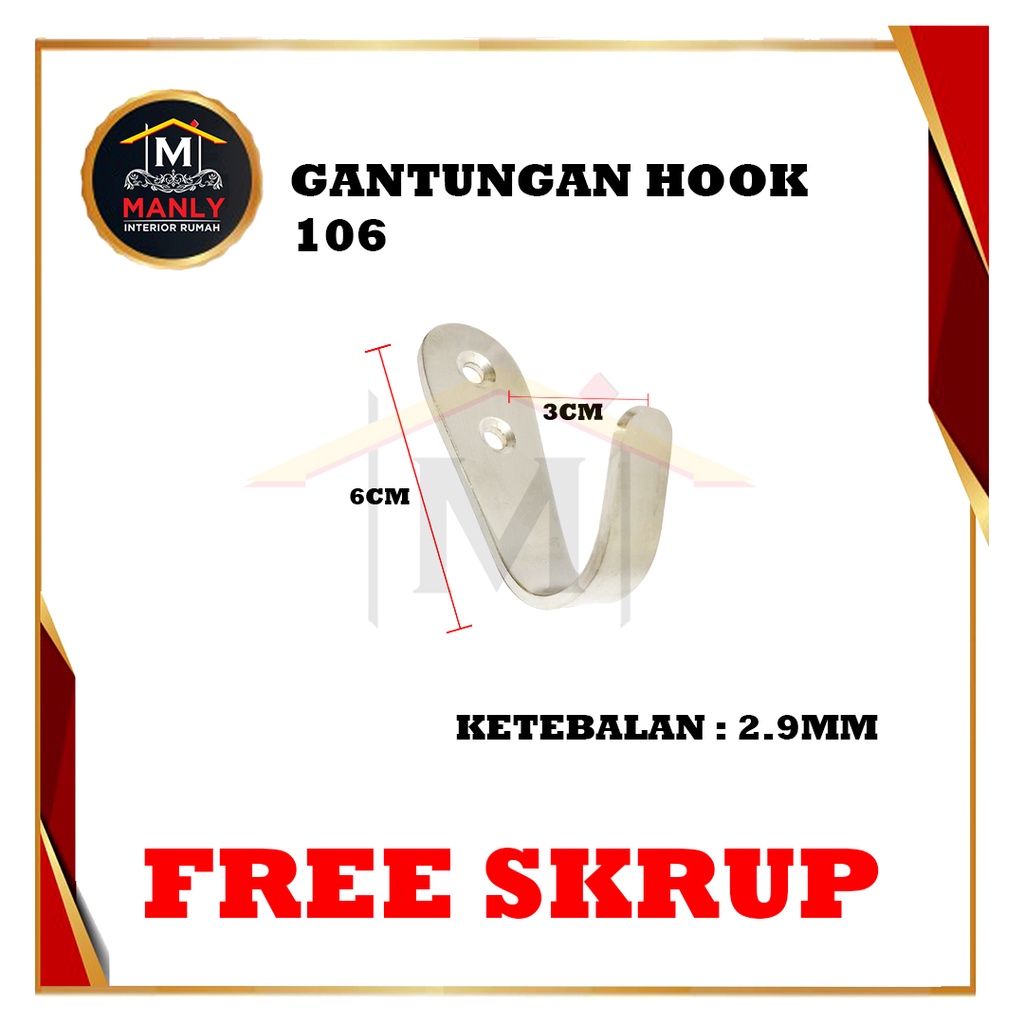 Kapstok Stainless Gantungan Baju / Cantolan Hook Kait Singel Stainless Capstok, FREE SEKRUP