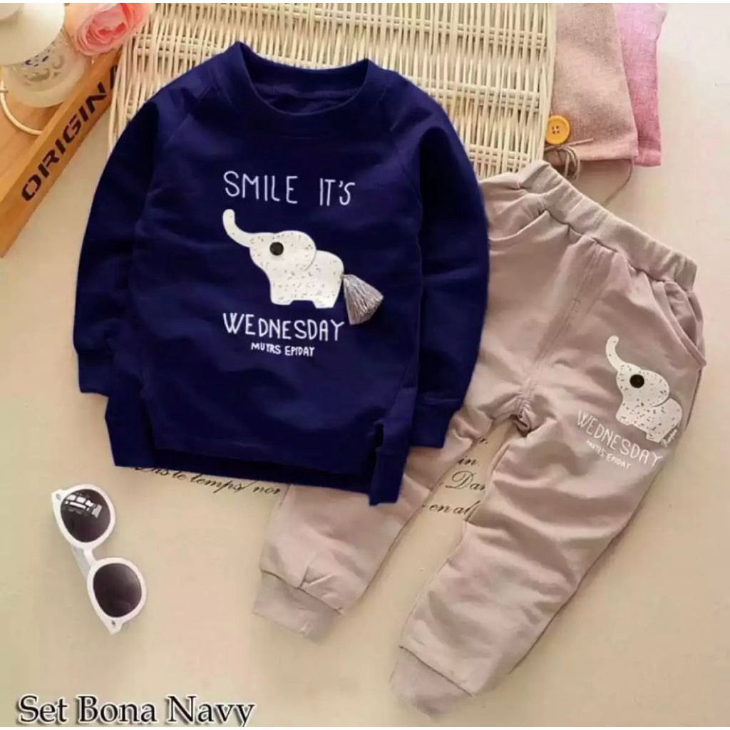 PAKAIANA ANAK LAKI LAKI SETELAN SWEATER JOGER MOTIF GAJAH BAHAN BABYTERRY 1-6 Tahun