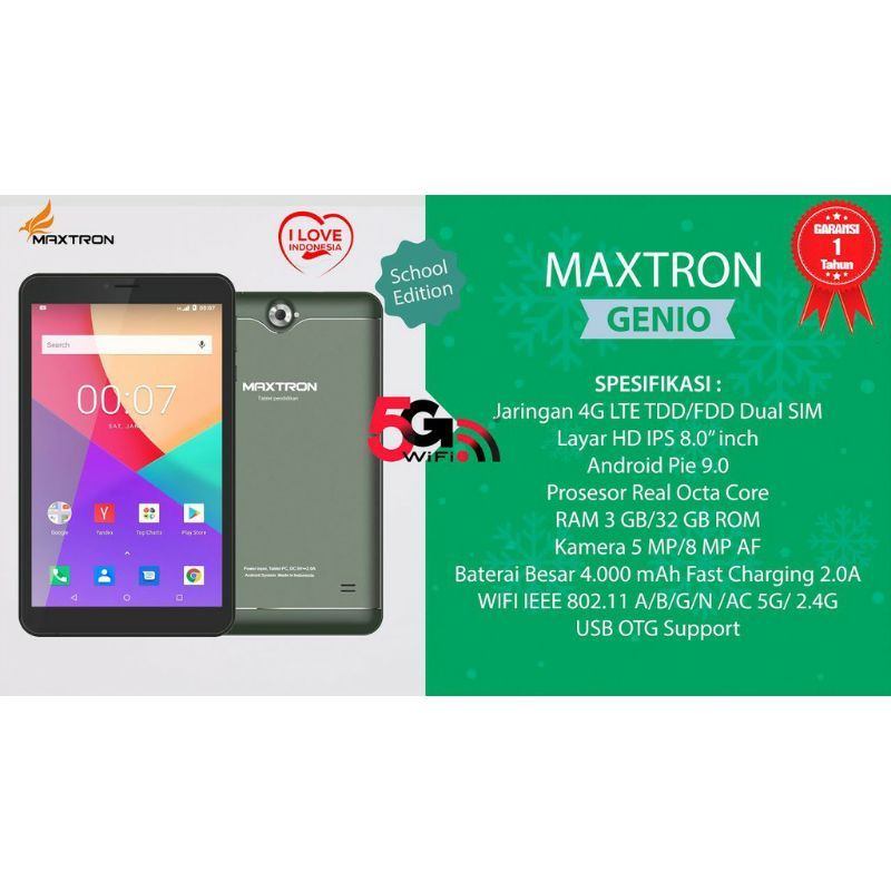TAB TABLET MAXTRON GENIO RAM 3/32 3GB SCHOOL EDITION SMART DUAL SIM 5G WIFI GARANSI RESMI LCD 8" ORI