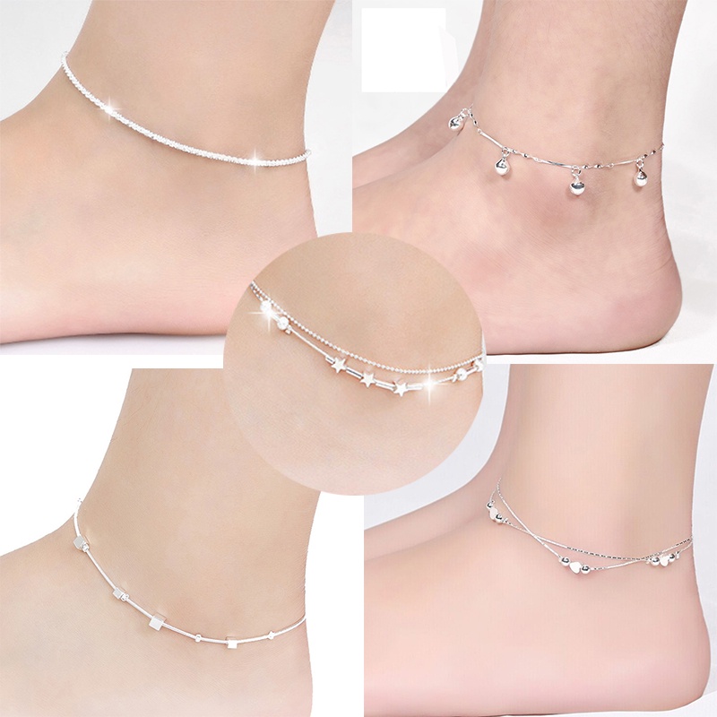 (Happy) Gelang Kaki Rantai Lapis Silver 925 Aksen Hati Untuk Wanita