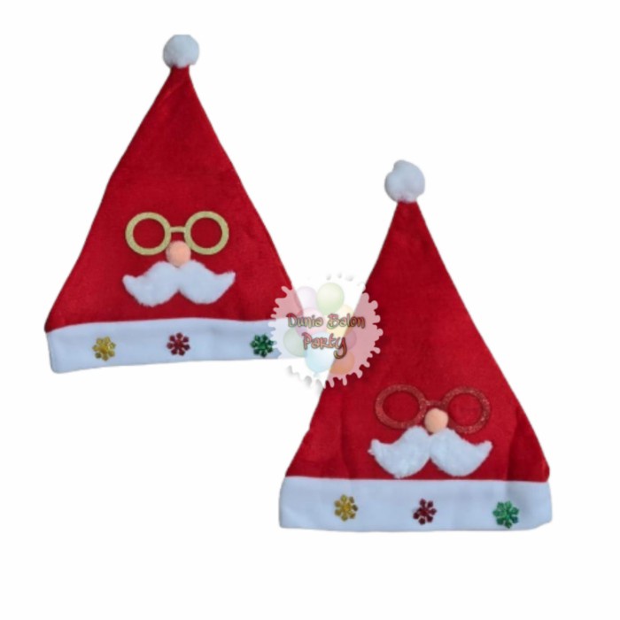 Topi Natal / Topi Santa Clause Bludru Gambar Kumis Kacamata