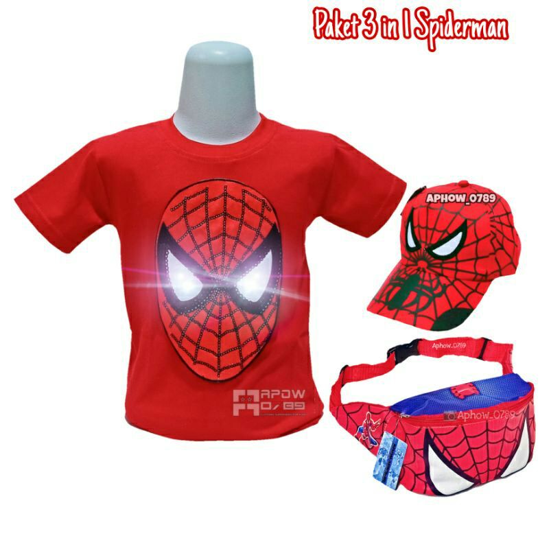 3IN1 BAJU KAOS ANAK KARAKTER SPIDERMAN LED BISA NYALA TOPI ANAK DAN TAS SELEMPANG ANAK PAKET HEMAT WAISTBAG ANAK TOPI ANAK BAJU ANAK