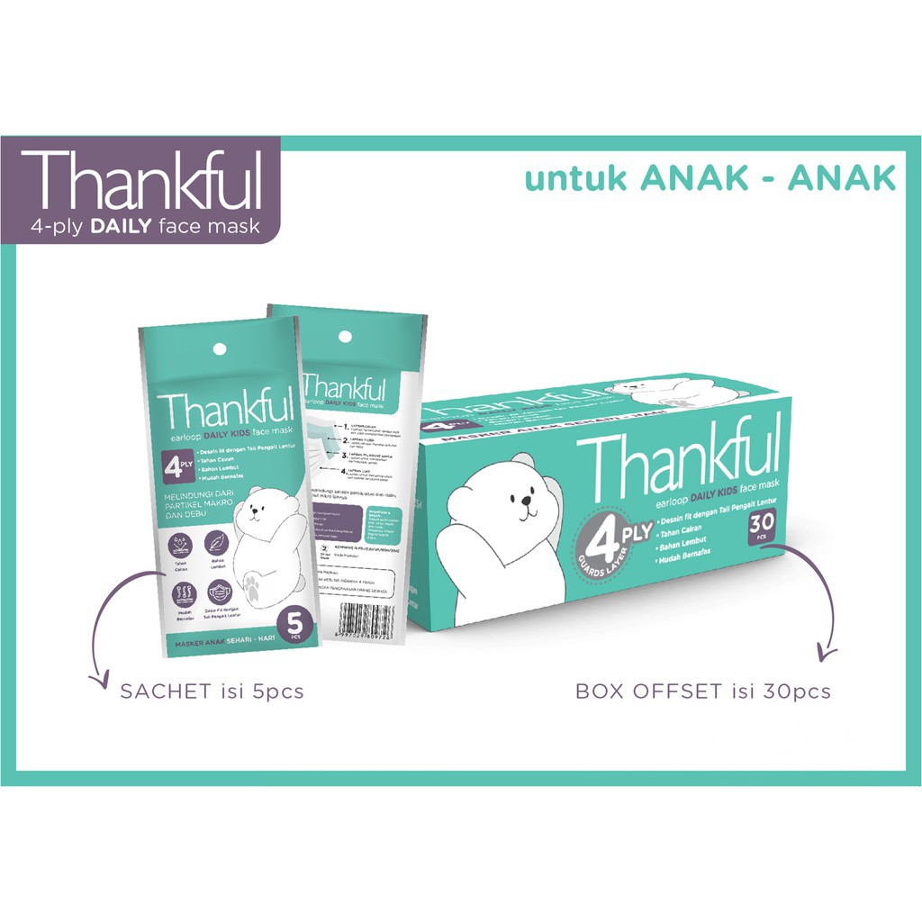 MASKER THANKFUL EARLOOP KIDS 4 PLY ISI 30. TERMURAH