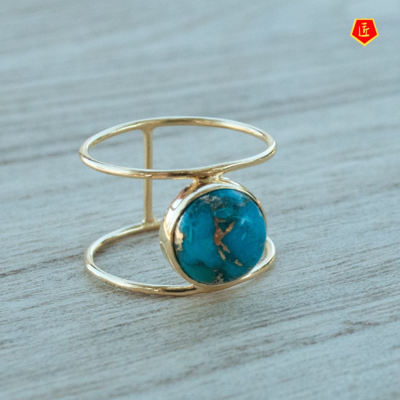 [Ready Stock]Women's New 18K Gold Exaggerated round Large Turquoise Ring