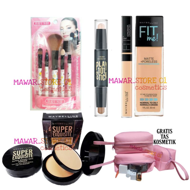 Paket Kosmetik Maybelline 5 In 1 Free Fouch - Counture - Concealer - Fondation - Bedak Basah &amp; Padat