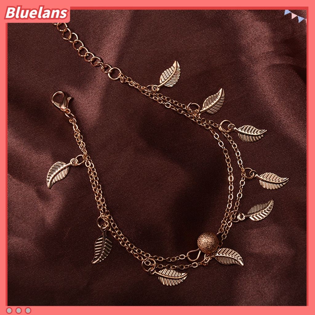 Gelang Kaki Rantai Dua Lapis Adjustable Dengan Liontin Daun Untuk Wanita