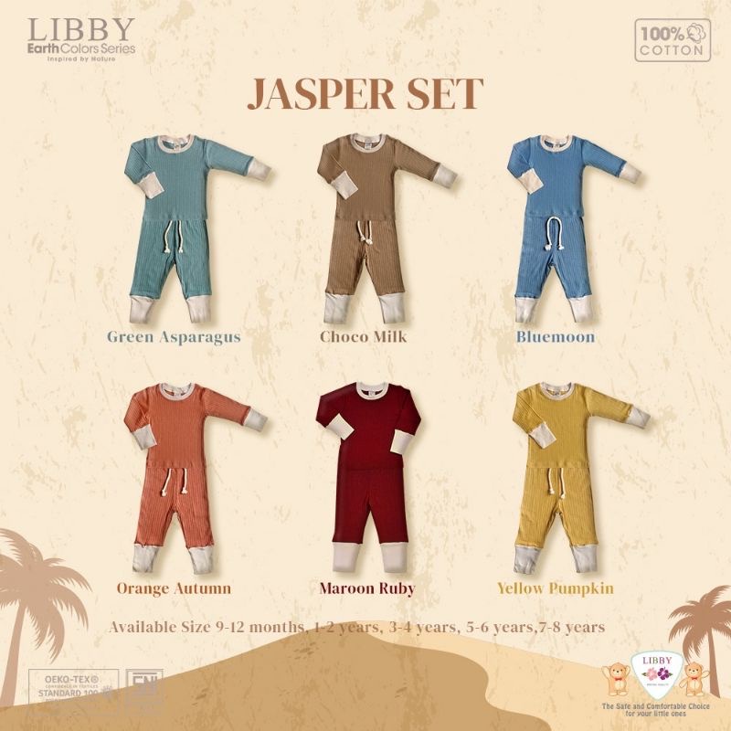 LIBBY INDONESIA Stelan Baju Lengan Panjang Celana Panjang Jasper Set | Baju Tidur | Motif Earth Jasper Set | Unisex ( Cewek &amp; Cowok ) Untuk Bayi &amp; Anak ( 1 Stel )