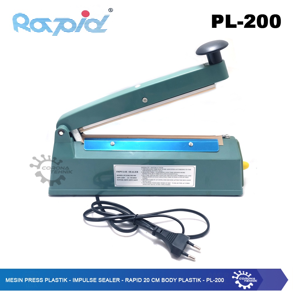 Impulse Sealer Rapid 20 cm Body Plastik - PL-200 - Mesin Press Plastik