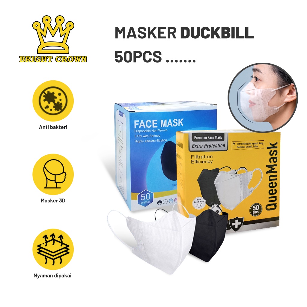 Bright Crown Masker Duckbill Putih / Hitam 3 ply isi 50 PCS / Mask kesehatan 3 ply earloop