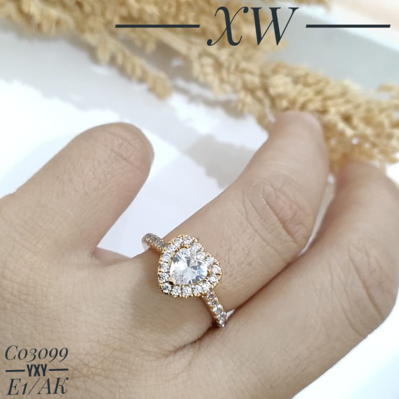 Cincin Yaxiya Motif Love Zircon warna Gold (size 5-7) C03099