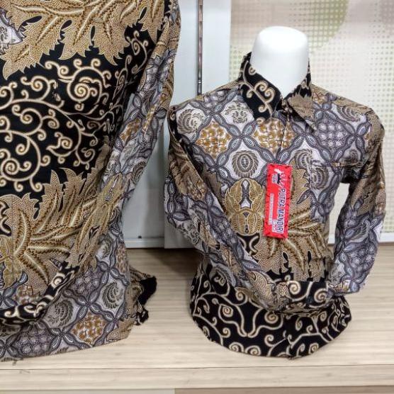 ☚ Grosir Batik Jakarta,Couple Batik Ayah Anak Laki Laki Katun Premium Lengan Panjang Warna Hitam Gol