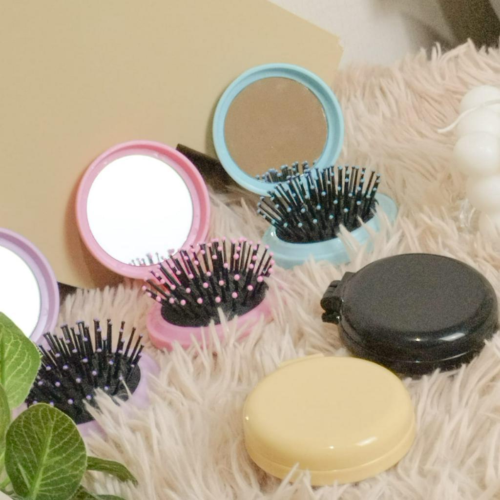 Cermin Sisir Rambut Lipat Mini Bentuk Bulat / Kaca Cermin Warna Polos / Cermin Bundar 1 set dengan s