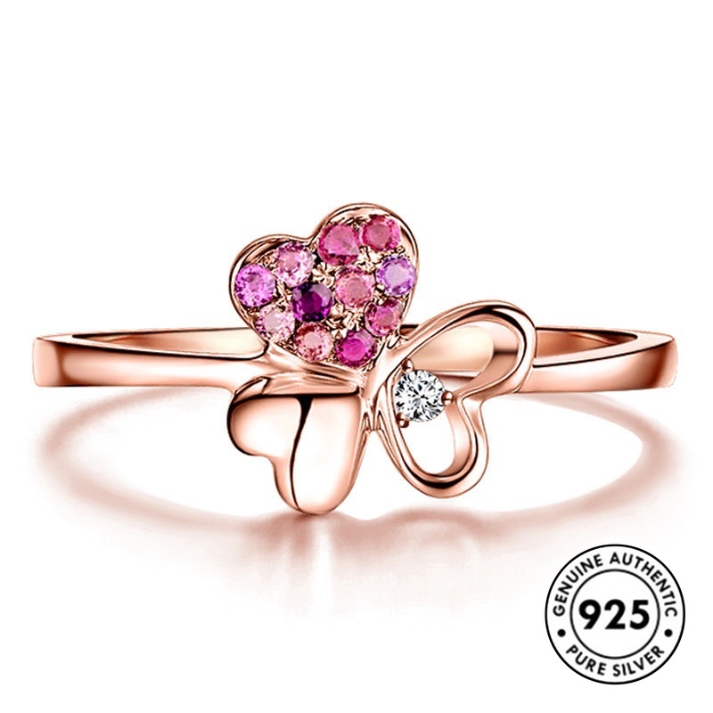 Cincin S925 Silver Rose Gold Bentuk Hati Aksen Batu Permata Untuk Wanita