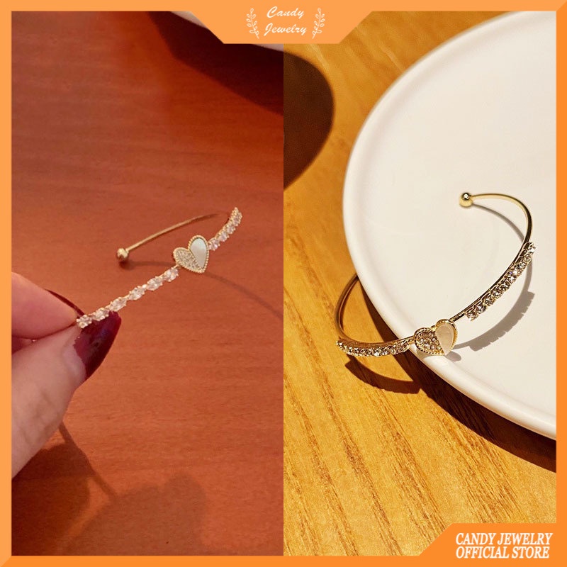 Gelang Model Terbuka Dapat Disesuaikan Desain Hati Bahan Zirkon Gaya Korea Untuk Wanita