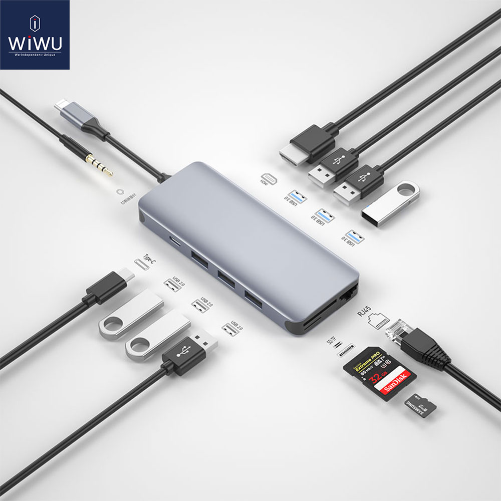 Wiwu 12 In 1 Hub Adapter Usb Tipe-C Multifungsi Untuk Windows Macbook Vga / Rj45