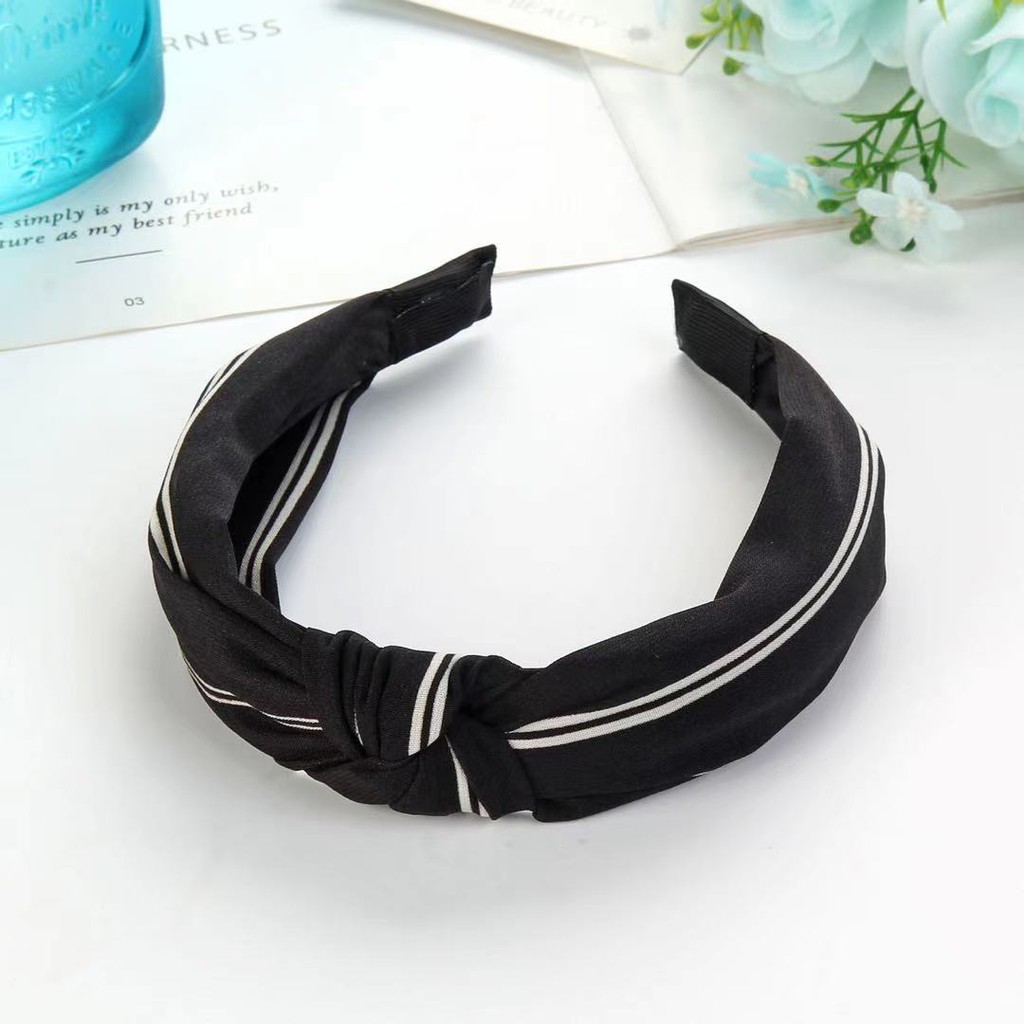 Headband Bando Korea Style Bandana Polos Bando Kain Motif Garis-Garis Bando Simpul Import