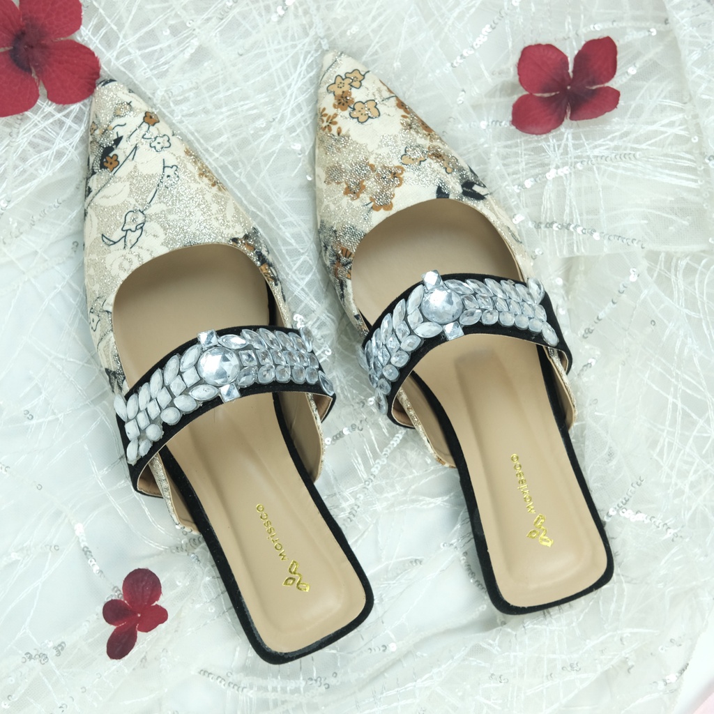 FLASH SALE 7.7 Flat Shoes Luvy Motif FloraL Strap Diamond Mules Wanita MORIS 03