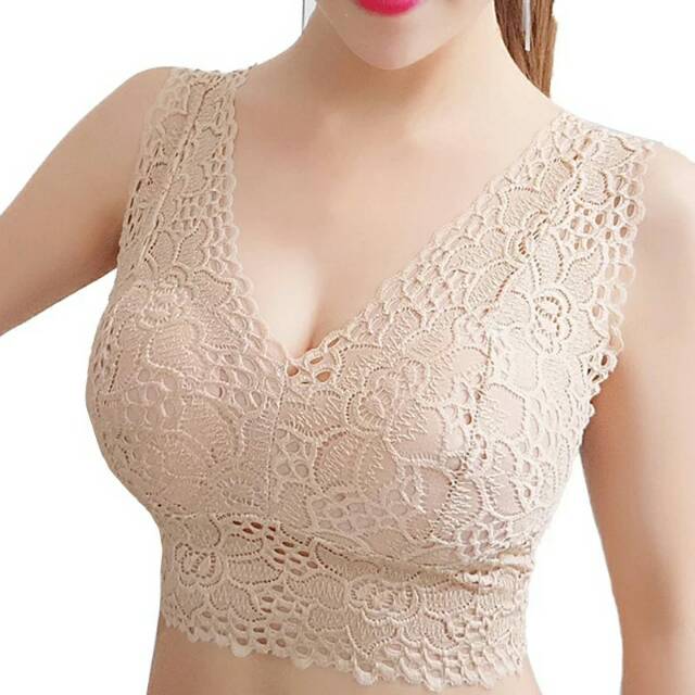 Camisol Padded Hiasan Renda Cantik Warna Polos Bralette Pendek Dengan Cup Busa Bra