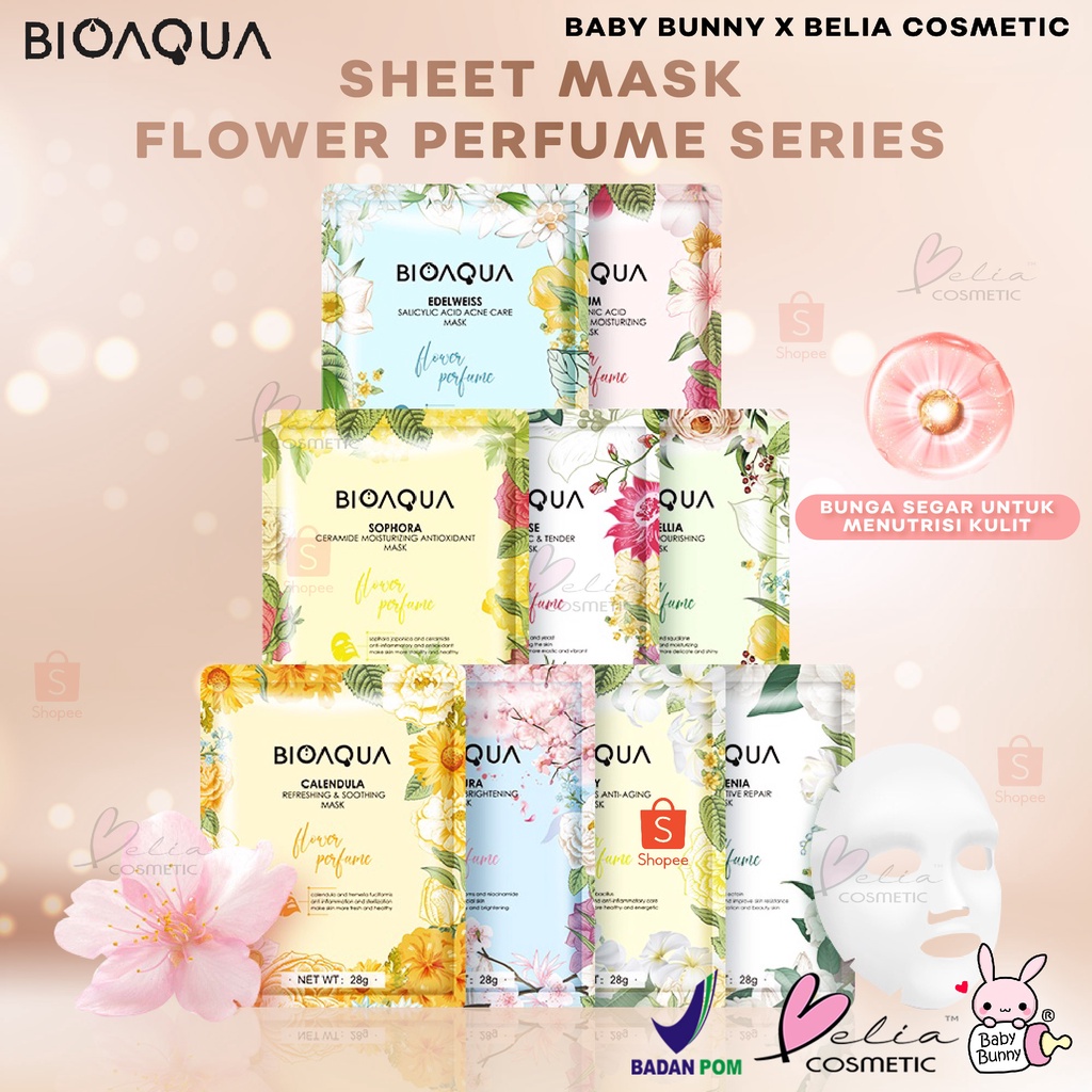 ❤ BELIA ❤ BIOAQUA Sheet Mask Masker Wajah Flowers Series (28g/pcs) Hydrating Essence Face Mask Brightening dan Anti Acne | BPOM