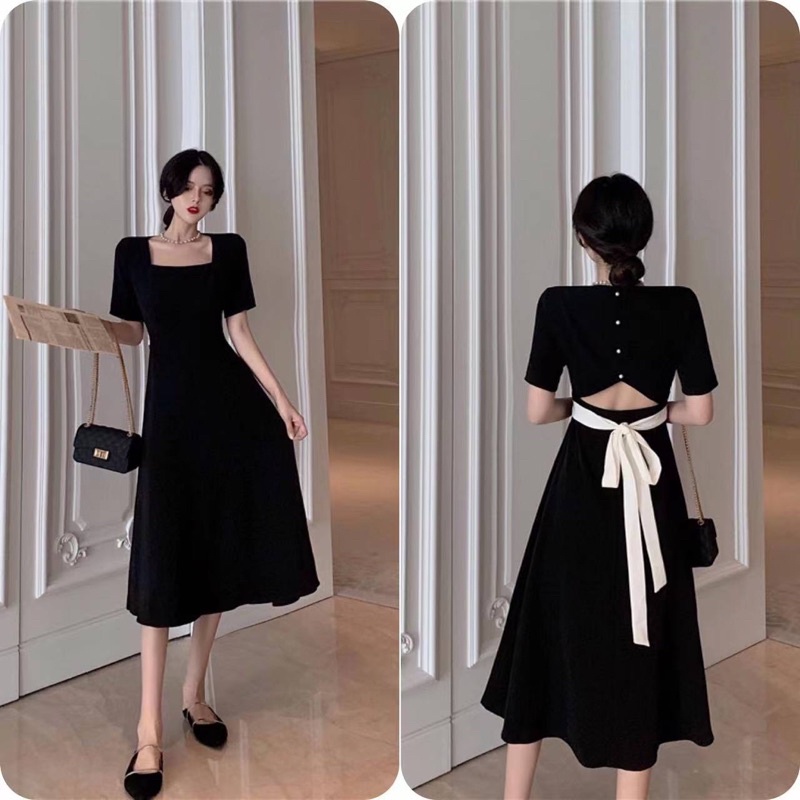 H7 D22/258 Square neck dress / backless dress / Dress midi lengan pendek leher kotak elegant